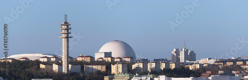 Panorama view over the district Hammarby sjö with apartments, boats and the Globen, Avicii, arena , a sunny winter day in Stockholm  photo