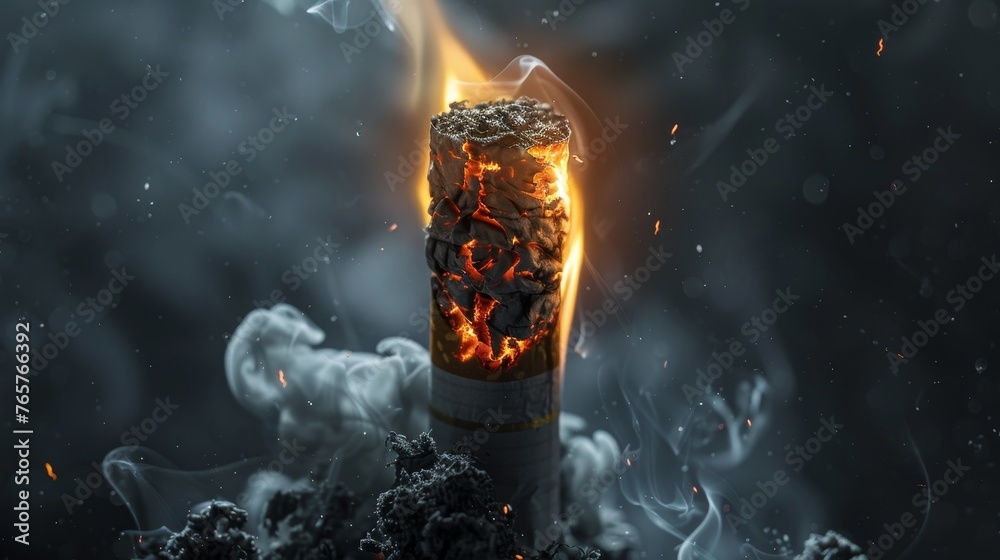 A dark and ominous image of a cigarette burning with intense smoke, creating a dramatic and scary atmosphere A dark and ominous image of a cigarette burning with intense smoke, creating a dramatic and scary atmosphere