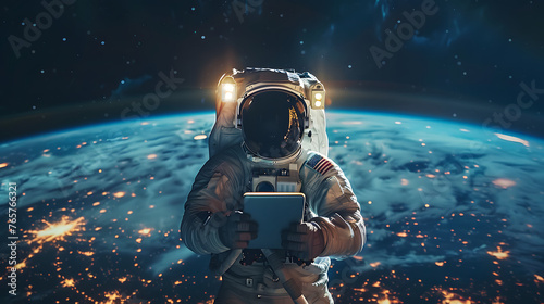 An astronaut in space is holding a tablet.