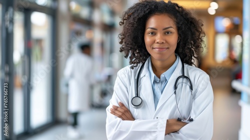 A realistic portrait of a woman doctor in a hospital wearing a stethoscope and uniform in a professional environment