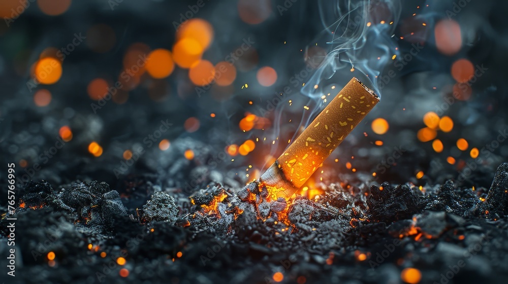 A dramatic close - up of a cigarette burning with glowing embers, evoking a sense of danger and urgency in raising awareness - obrazy, fototapety, plakaty 