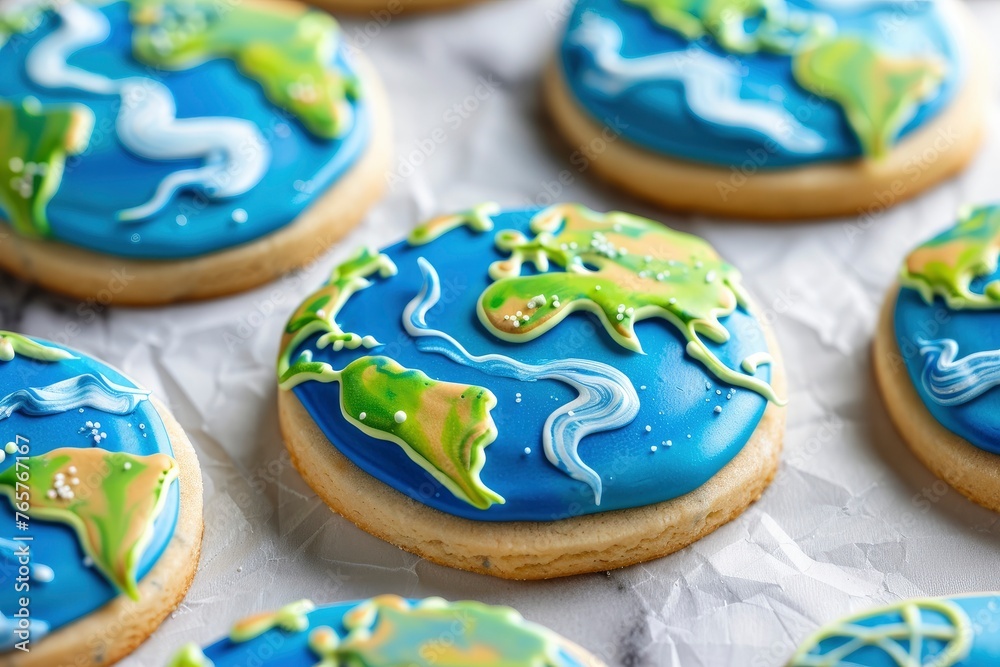 Earth Shaped cookies with blue and green icing