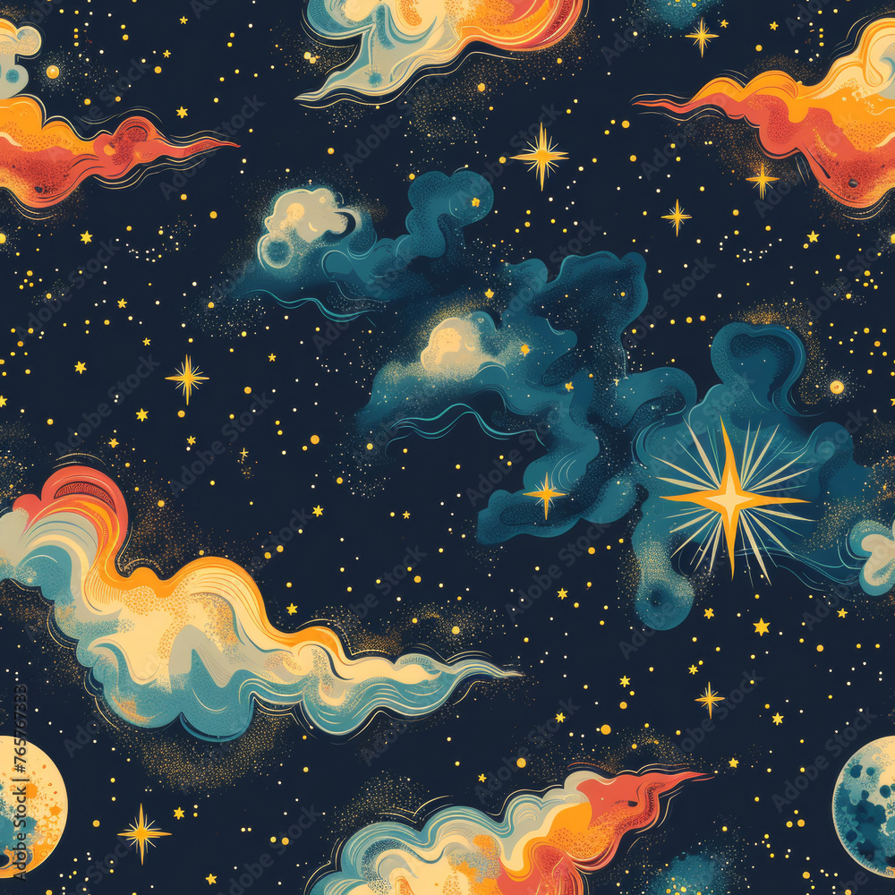 A colorful painting of a starry sky with clouds and a moon, seamless pattern