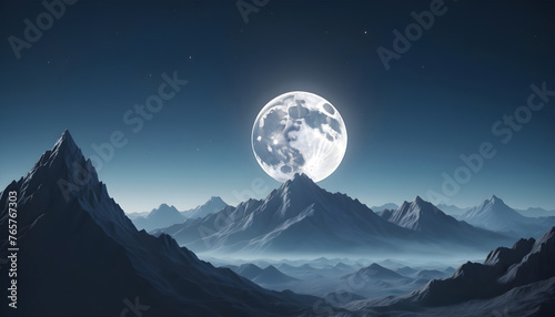 Fantasy alien planet. Mountain and moon. Generative AI