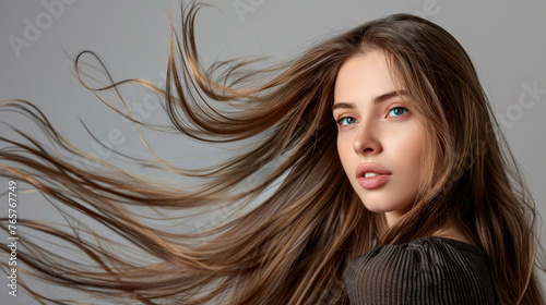 Portrait of a young woman with beautiful long healthy brown hairs. Hair care concept. Grey background, side view. photo