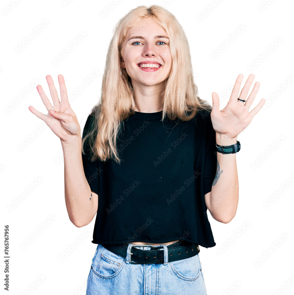 Young caucasian woman wearing casual clothes showing and pointing up with fingers number nine while smiling confident and happy. Young caucasian woman wearing casual clothes showing and pointing up with fingers number nine while smiling confident and happy.