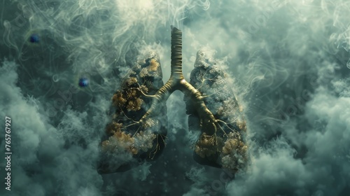 A haunting depiction of diseased lungs surrounded by thick smoke, emphasizing the frightening impact of smoking on respiratory  photo