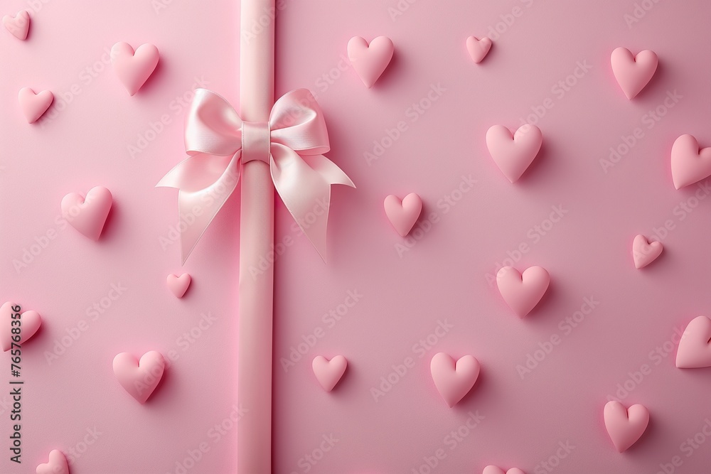 A pink gift box adorned with a bow and paper hearts, set against a pink background.