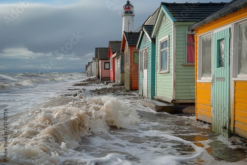 A picturesque row of vibrant beach huts lining the sandy shore next to the ocean, with the Dovercourt lighthouse in the background. photo