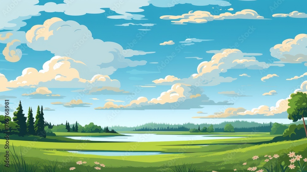 landscape with mountains with blue sky clouds wallpaper. Cartoon illustration of a road in a field with mountain and clouds. A mountain with road and blue sky. mountain Landscape with Blue Sky.