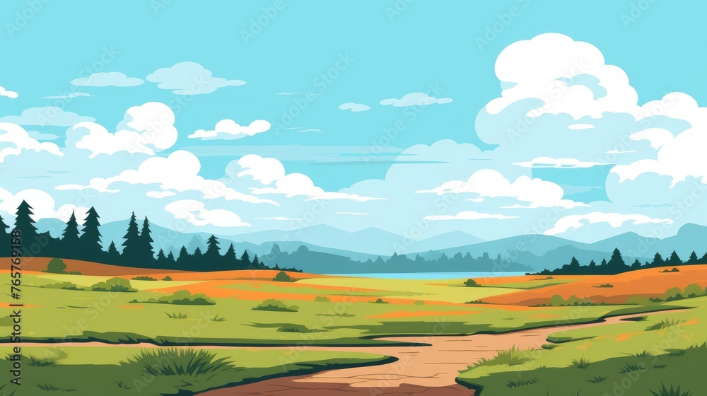 Cartoon illustration of a road in a field with mountain and clouds. A mountain with road and blue sky. mountain Landscape with Blue Sky. landscape with mountains with blue sky clouds wallpaper. 