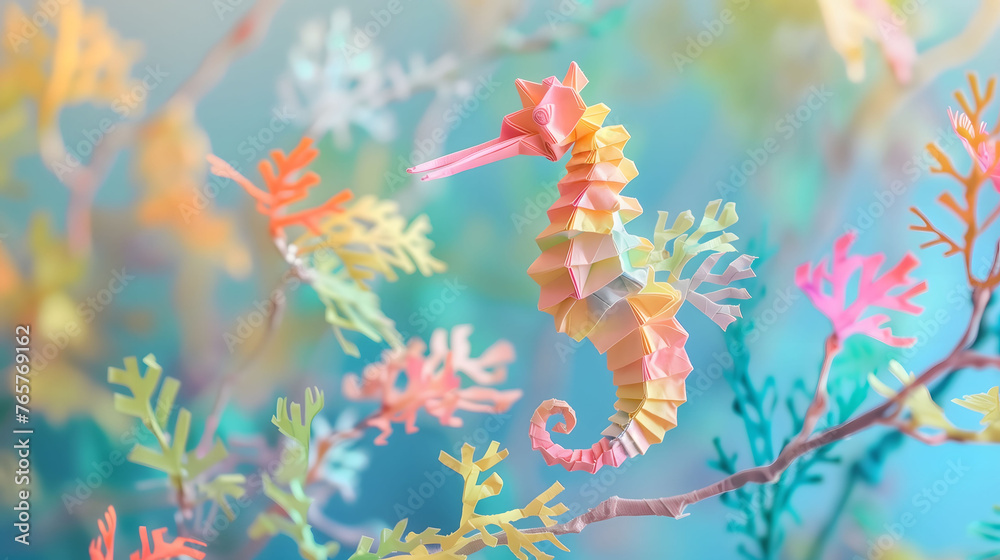 Seahorse Origami with Underwater Sea Plant Background