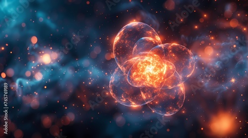 An abstract image of data atoms orbiting a central nucleus  illustrating the dynamic flow of information within a cloud-based database