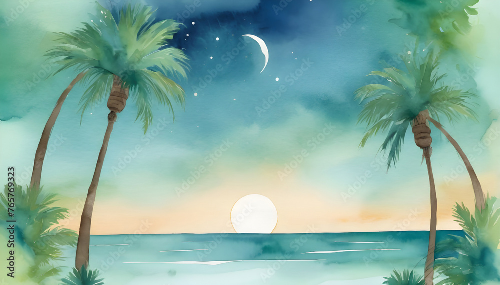 Palm trees on the seashore in the evening. Generative AI