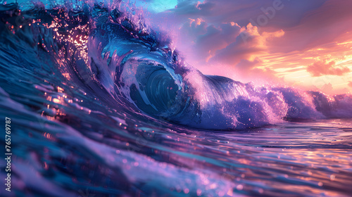 a wave in the ocean with a pink and blue color scheme. The wave is curling and has a white center. The wave appears to be made of glass.  photo