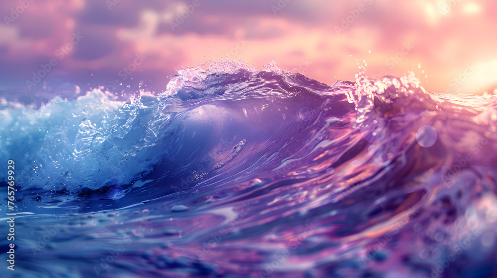 a wave in the ocean with a pink and blue color scheme. The wave is curling and has a white center. The wave appears to be made of glass.  - obrazy, fototapety, plakaty 