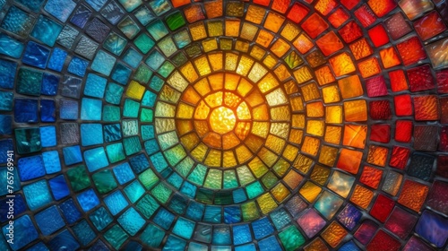 Abstract mosaic artwork depicting a stylized sunset with wavy patterns in warm and cool tones, resonating with energy and movement.