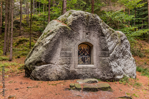 CESKE SVYCARSKO, CZECH REPUBLIC - SEPTEMBER 10, 2022: Rock chapel of the Last Judgement in the Czech Switzerland National Park, Czech Republic