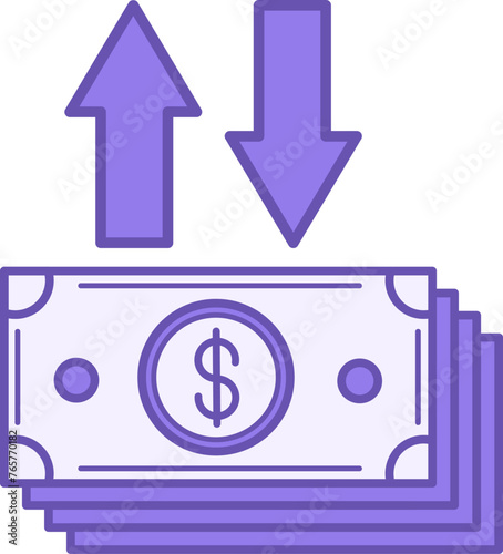 Profit and Loss Colored Icon. Vector Icon of Stacks of Money and Up and Down Arrows. Business and Finance. Accounting Concept