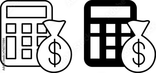 Tax Calculator Icons. Black and White Vector Icons of Calculator and Money Bag. Tax Payments. Accounting Concept