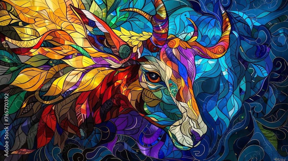 An elaborate mosaic-style illustration portrays a Deer in vibrant, multicolored patterns, against a detailed background.