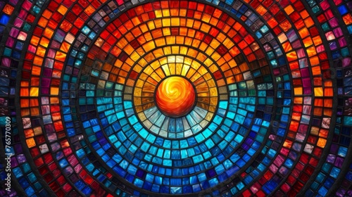 Abstract mosaic artwork depicting a stylized sunset with wavy patterns in warm and cool tones  resonating with energy and movement.
