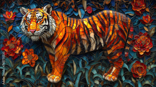 An elaborate mosaic-style illustration portrays a Tiger in vibrant  multicolored patterns  against a detailed background.