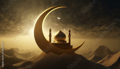 ai generative of a A very beautiful mosque  illuminated by the light of the new moon on the 1st of the month of Ramadan