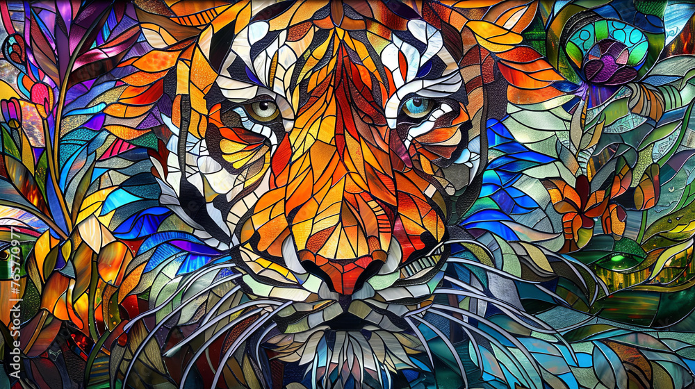 An elaborate mosaic-style illustration portrays a Tiger in vibrant, multicolored patterns, against a detailed background.