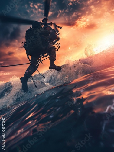 Soldier fastroping from evac helicopter, refinery emergency, ocean spray, twilight, dynamic view , 3D illustration photo
