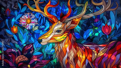 An elaborate mosaic-style illustration portrays a Deer in vibrant, multicolored patterns, against a detailed background. © soysuwan123