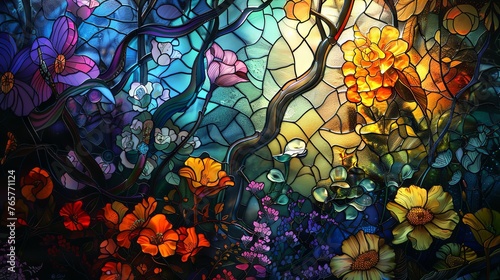 Artistic representation of a forest landscape at sunset, depicted in a colorful stained glass style with intricate details.
