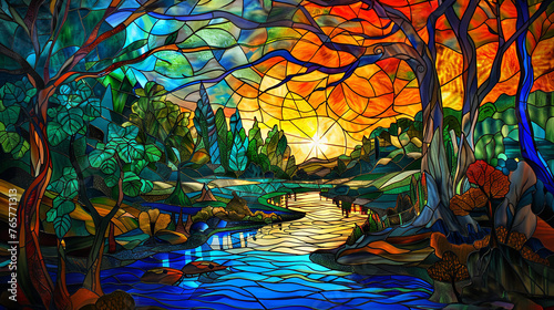 Artistic representation of a forest landscape at sunset  depicted in a colorful stained glass style with intricate details. 