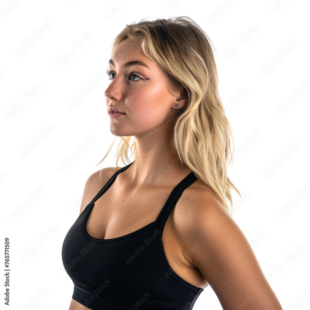 An attractive model with golden hair in black sportswear on an isolated background An attractive model with golden hair in black sportswear on an isolated background