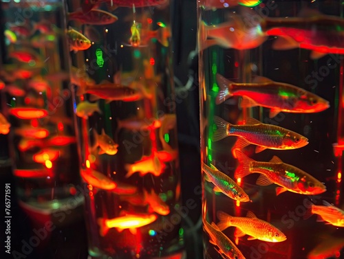 Aquaponic systems breeding hybrid fish, a sustainable solution for future seafood, in glowing tanks