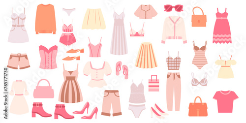 Fashion clothes set women. Stickers with trousers, blouses,  shoes, coats, accessories. Colored flat vector illustration isolated on white background