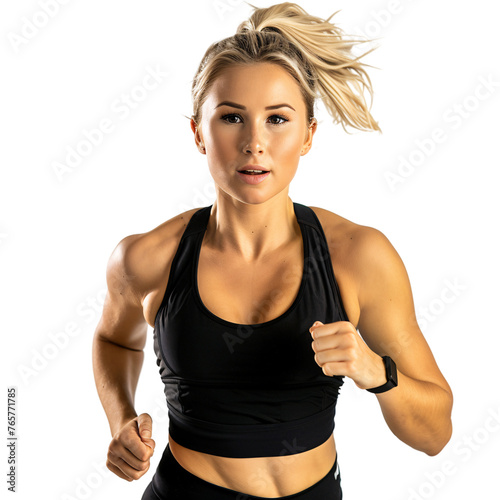 Healthy and fit athletic blonde woman with ponytail hair in a black sports bra running toward the camera on an isolated background