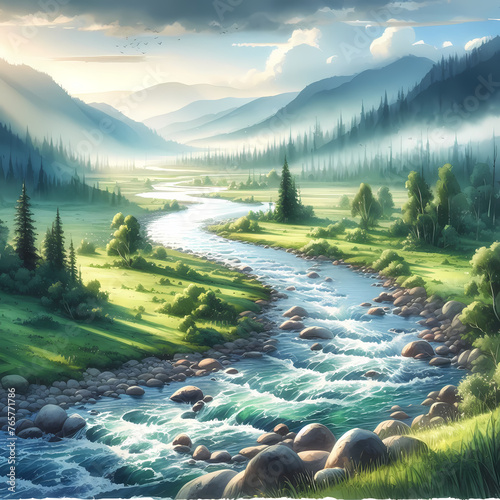  a watercolor painting depicting a meandering river flowing through lush green landscapes