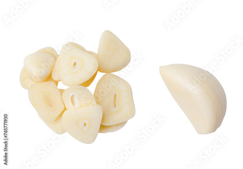 Top view set of peeled white garlic clove with slices isolated with clipping path in png file format