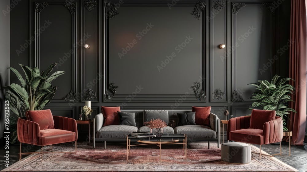 Retro style in beautiful living room interior with grey empty wall. 3d render Retro style in beautiful living room interior with grey empty wall. 3d render