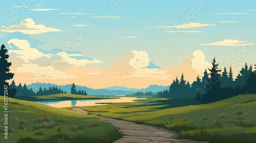 A mountain with road and blue sky. mountain Landscape with Blue Sky. landscape with mountains with blue sky clouds wallpaper. Cartoon illustration of a road in a field with mountain and clouds.