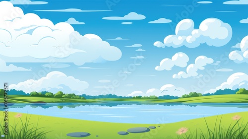 Grass Field landscape with blue sky and white cloud. Blue sky clouds sunny day wallpaper. illustration of a Grass Field with blue sky. green field in a day. 