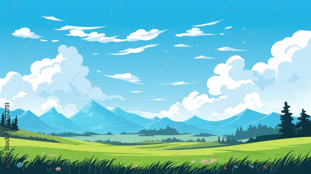Fototapeta premium Grass Field landscape with blue sky and white cloud. Blue sky clouds sunny day wallpaper. illustration of a Grass Field with blue sky. green field in a day. 