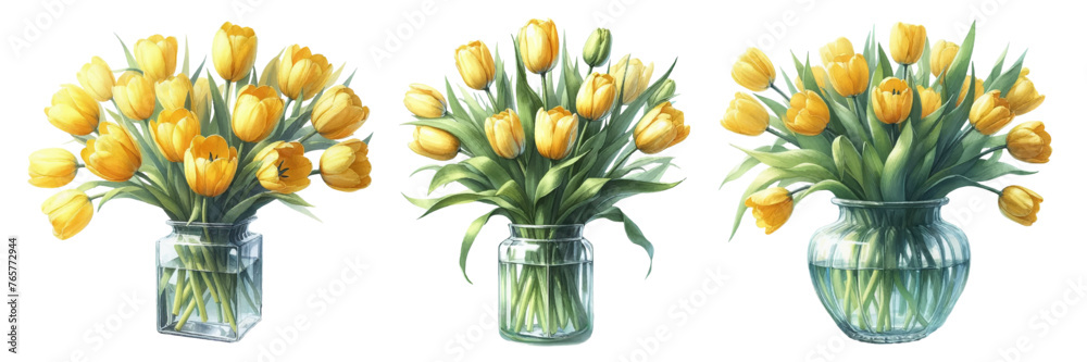Watercolor illustration material set of yellow tulips in a glass vase - obrazy, fototapety, plakaty 