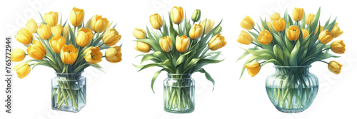 Watercolor illustration material set of yellow tulips in a glass vase #765772944