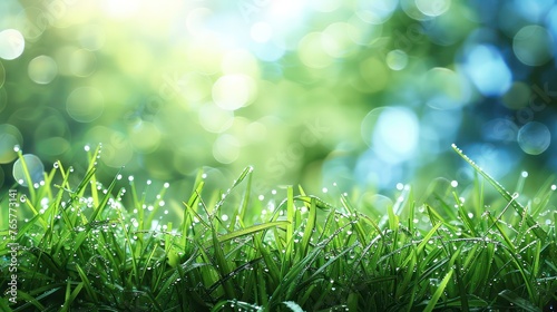 In this enchanting abstract spring background, the close-up side view of a lush, fresh green grass hill takes center stage against the canvas of a brilliant blue sky and a backdrop of radiant sunlight