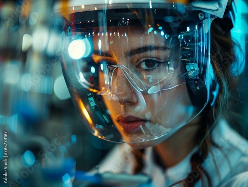 female engineer in a lab, working on robotics, wearing a safety helmet. focused expression.