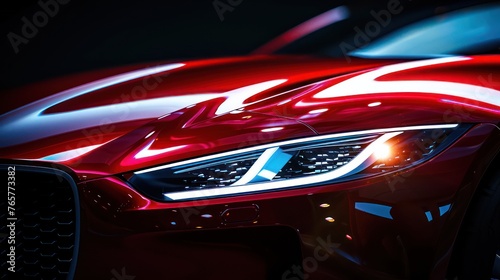 Wallpaper Mural The photo you’ve uploaded showcases a close-up view of the front part of a red car. The focus is on its sleek design and illuminated headlight against a dark background. Torontodigital.ca