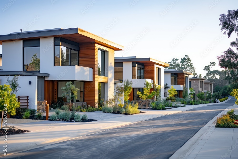 photo captures a contemporary suburban scene featuring a row of modern