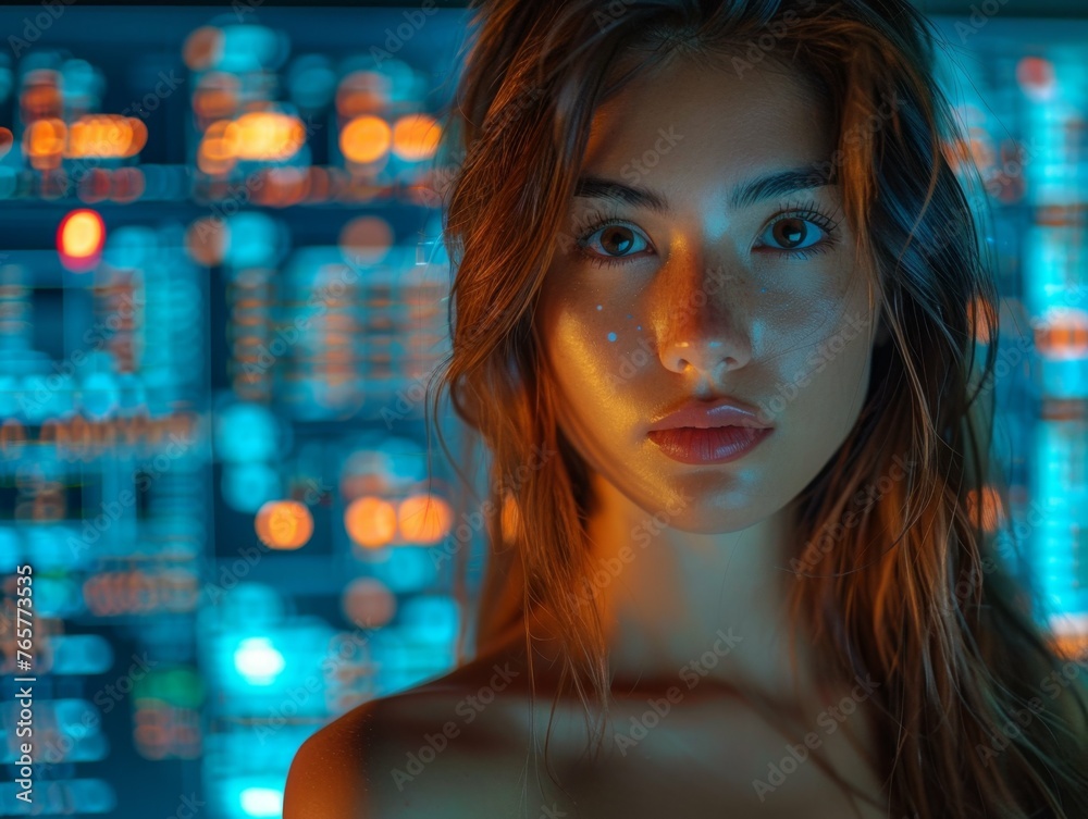 scientist female programing AI in office compurter, show hand, working on monitor display graphic pop with light translucent, wearing a dress, focused expression, bright and white background. scientist female programing AI in office compurter, show hand, working on monitor display graphic pop with light translucent, wearing a dress, focused expression, bright and white background.